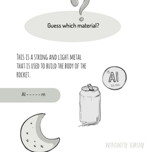 A page from an activity book with a question about a strong, light metal used for rockets.