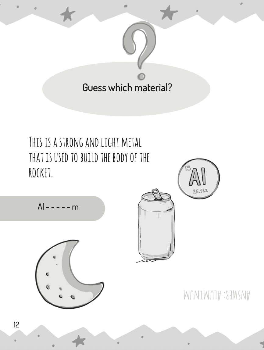 A page from an activity book with a question about a strong, light metal used for rockets.