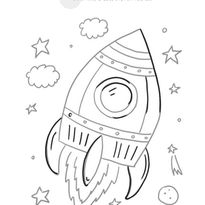 A coloring page of a rocket ship in space with stars and clouds.