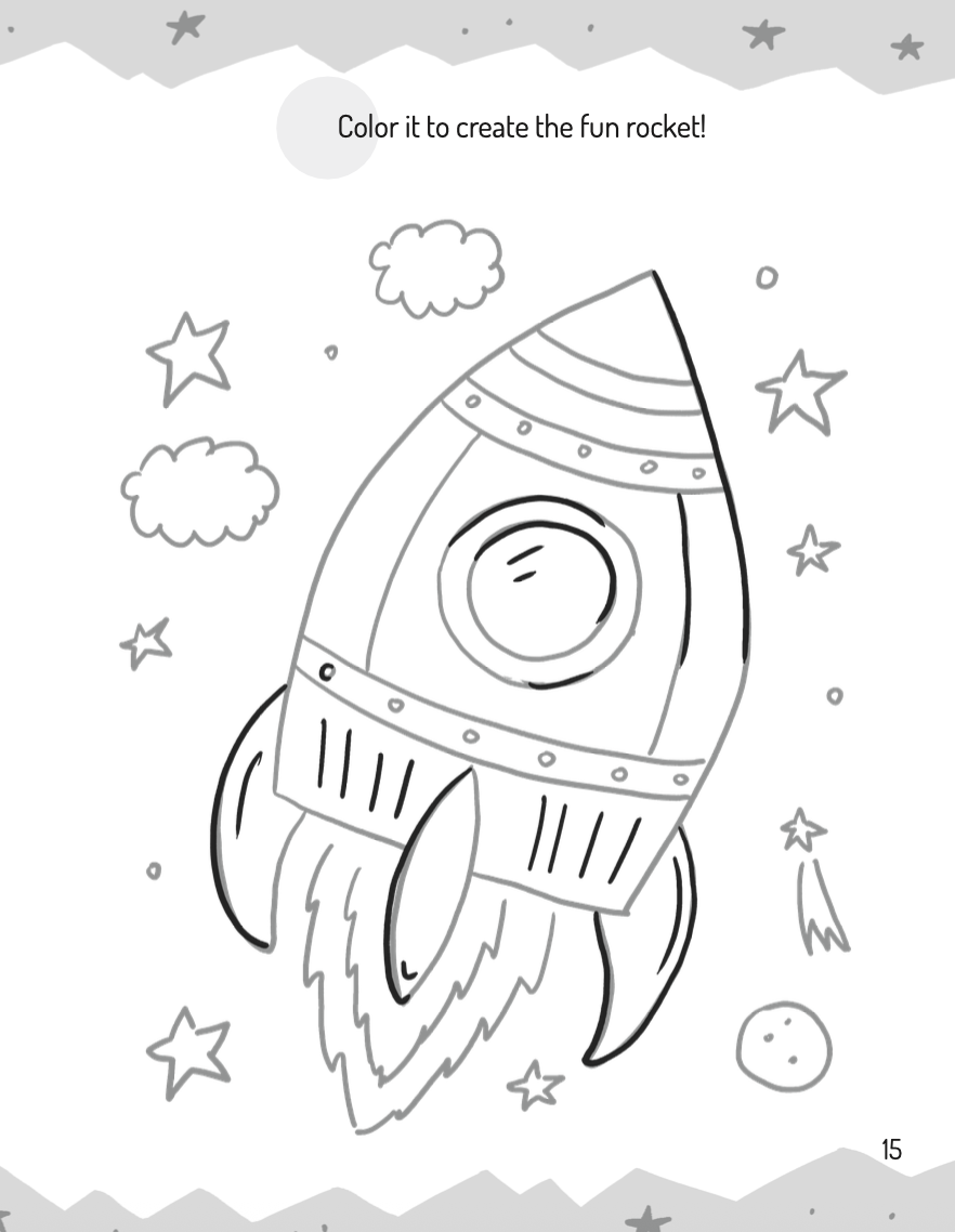 A coloring page of a rocket ship in space with stars and clouds.
