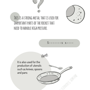 A page from an activity book with a question mark, a drawing of the moon, and text about a strong metal.
