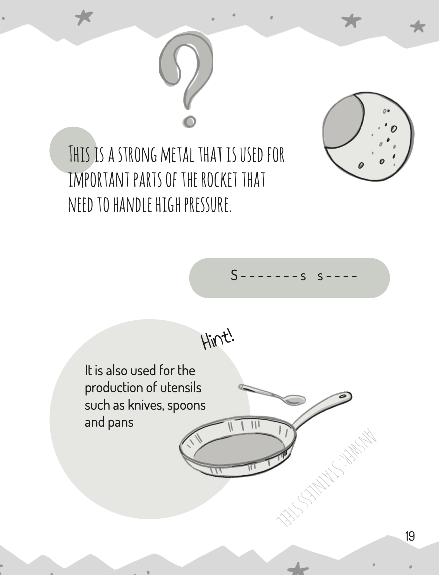 A page from an activity book with a question mark, a drawing of the moon, and text about a strong metal.