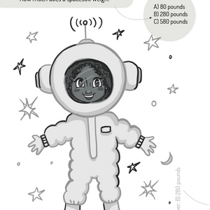 Illustration of an astronaut with a question about spacesuit weight and multiple choice answers.