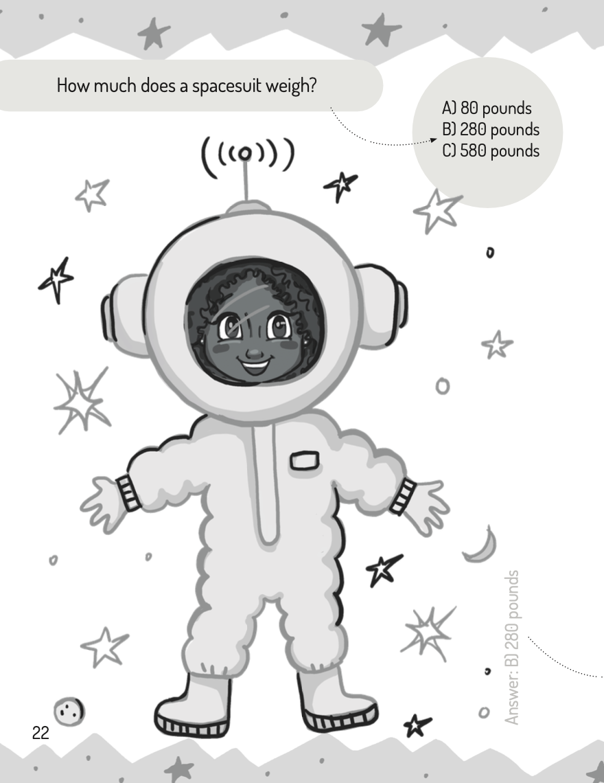 Illustration of an astronaut with a question about spacesuit weight and multiple choice answers.