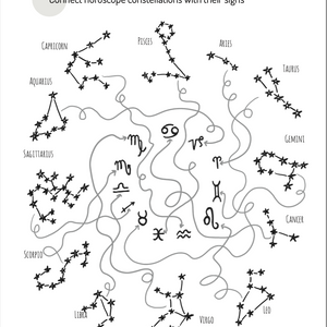 A black and white maze connects horoscope constellations to their zodiac signs.