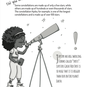 A girl looks through a telescope at stars and planets.