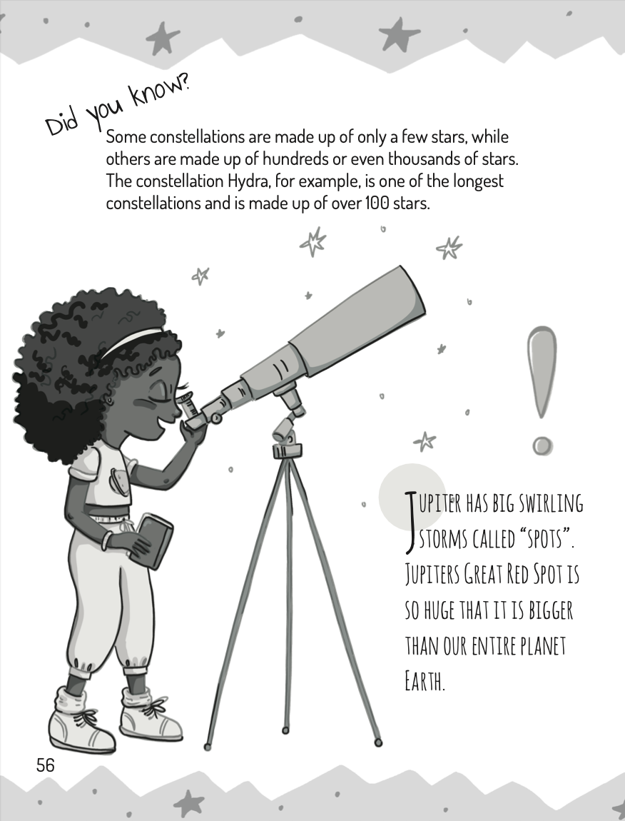 A girl looks through a telescope at stars and planets.