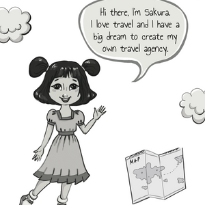 A girl dreams of starting a travel agency, with a map and clouds.