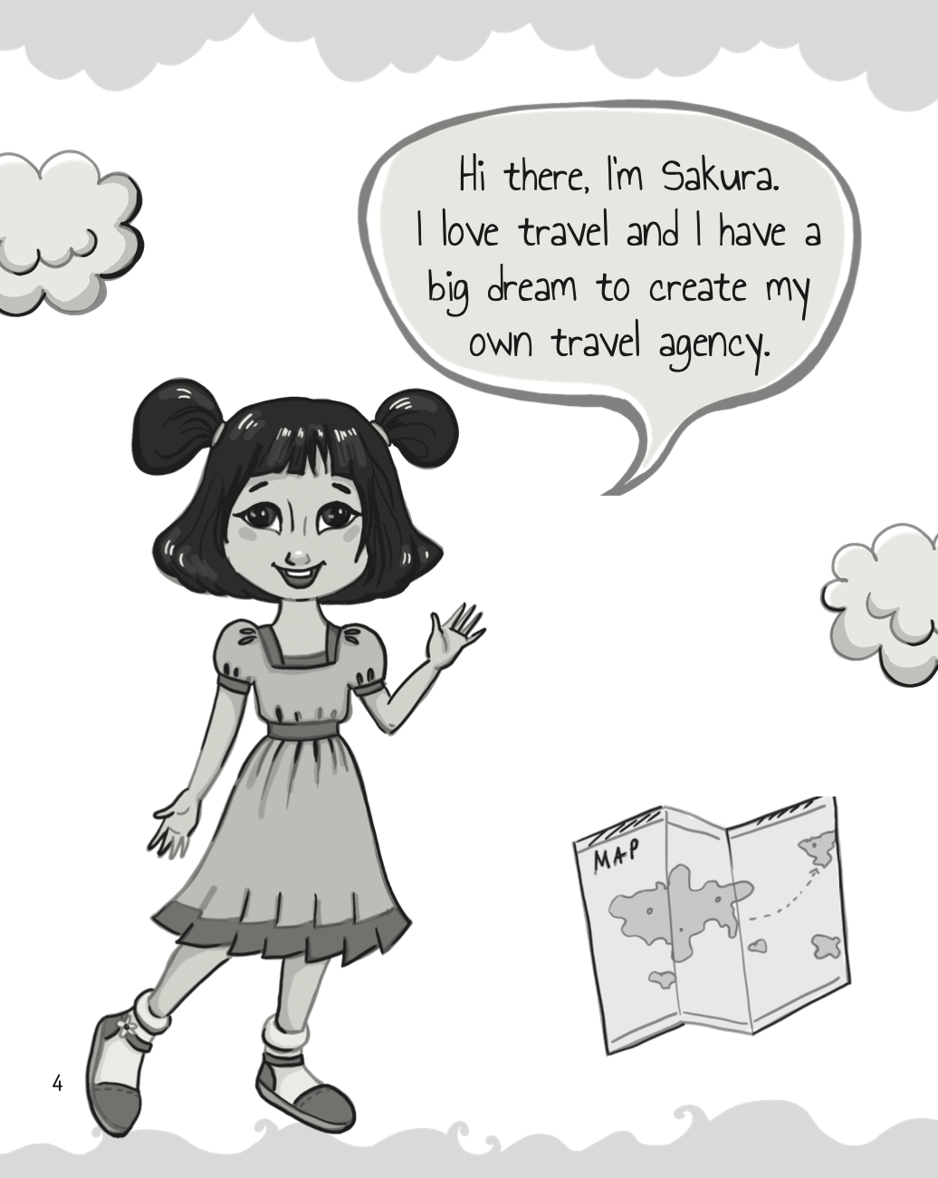 A girl dreams of starting a travel agency, with a map and clouds.