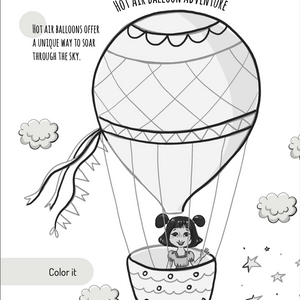 A girl in a hot air balloon with the text "Hot Air Balloon Adventure" above.