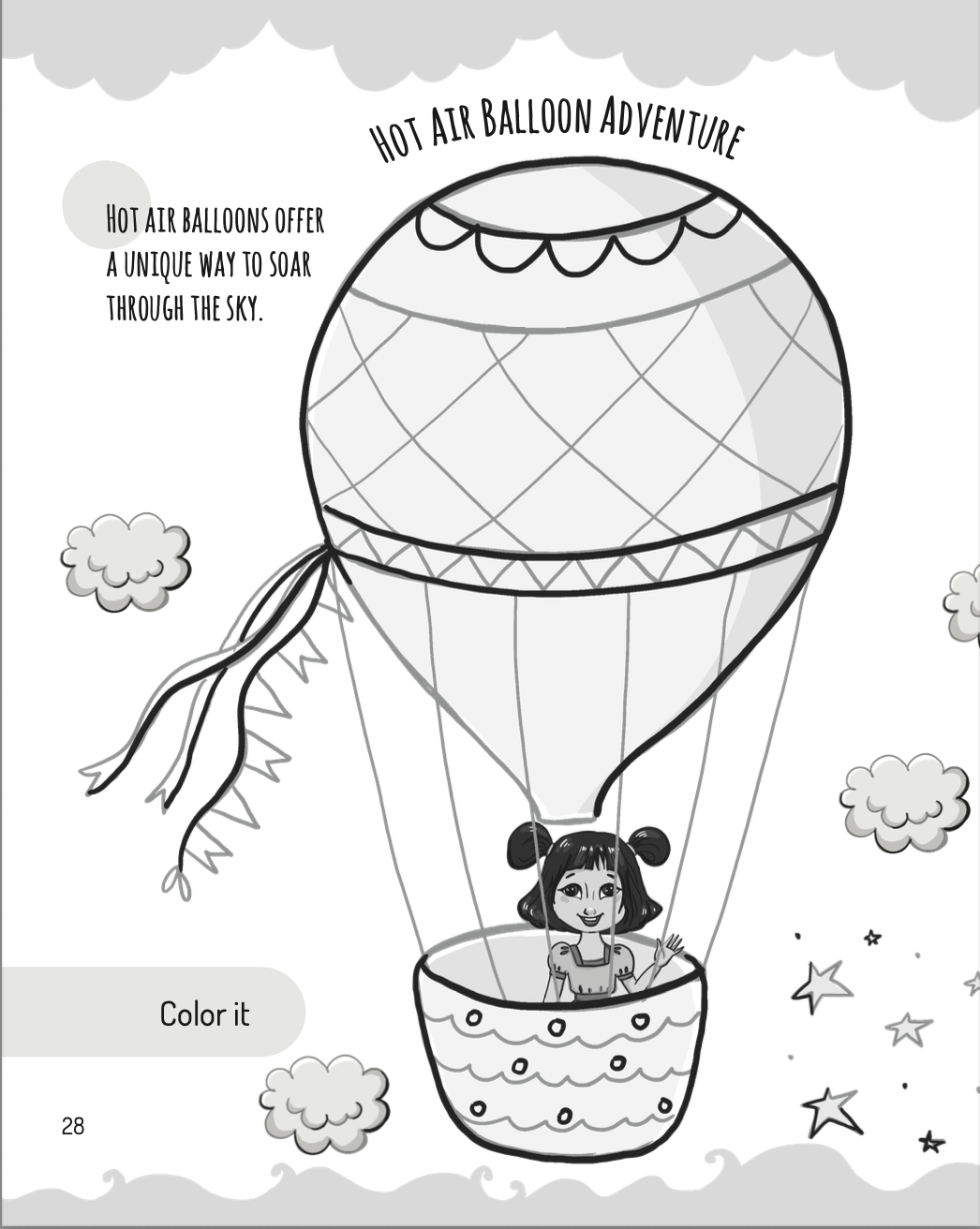 A girl in a hot air balloon with the text "Hot Air Balloon Adventure" above.