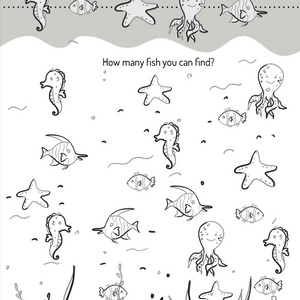 A black and white illustration of an underwater scene with fish, seahorses, octopuses, and starfish.