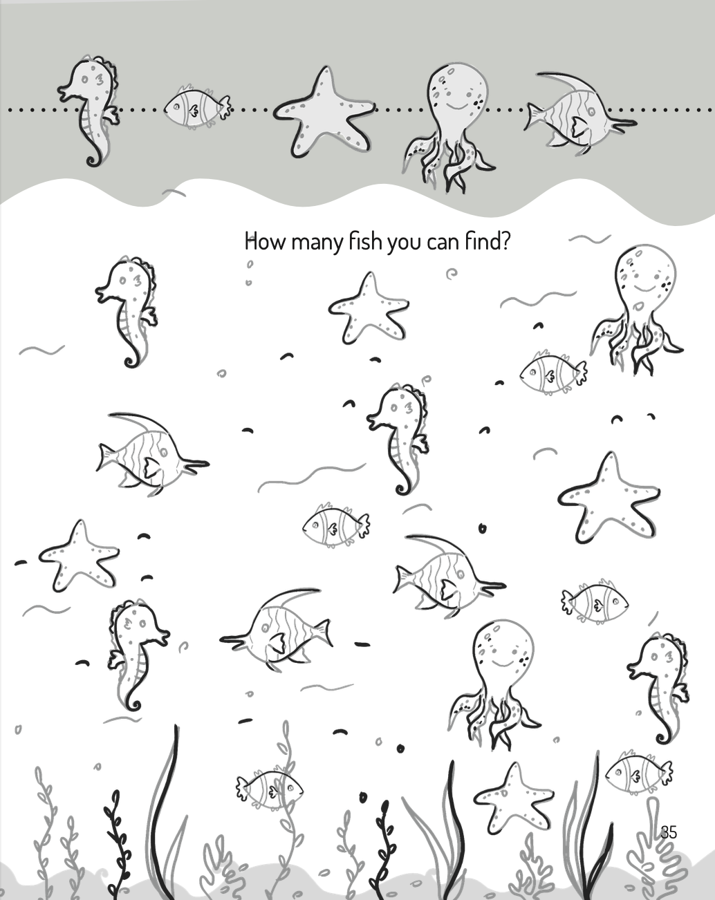 A black and white illustration of an underwater scene with fish, seahorses, octopuses, and starfish.