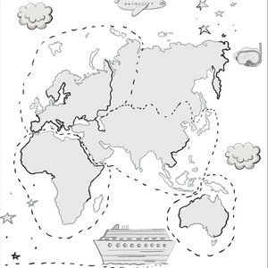 A world map with travel icons like a plane, snorkel, and cruise ship.