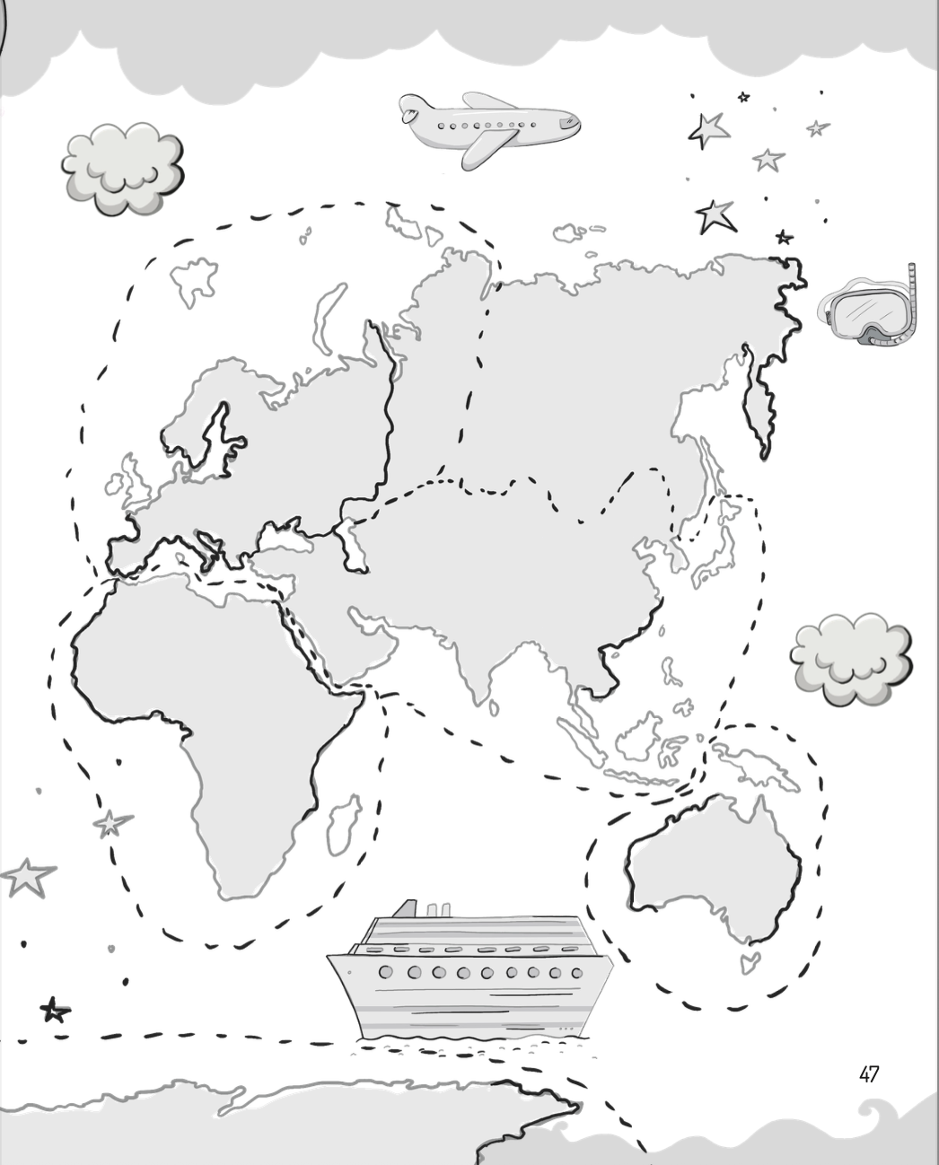A world map with travel icons like a plane, snorkel, and cruise ship.