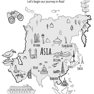 A black and white illustration of a map of Asia with various landmarks and cities labeled.