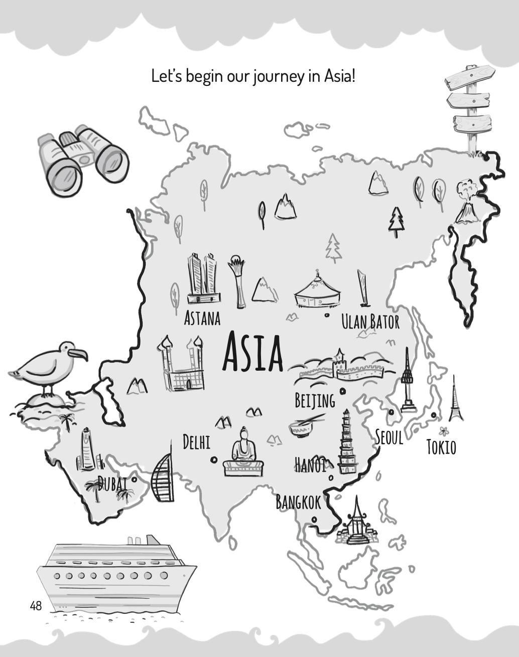 A black and white illustration of a map of Asia with various landmarks and cities labeled.