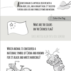 Activity book page with Chinese dragon, flag, bicycle, and panda illustrations.
