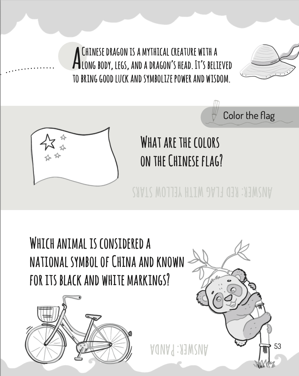 Activity book page with Chinese dragon, flag, bicycle, and panda illustrations.