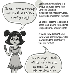 A girl holds a phone and reads a comic about Cockney rhyming slang.