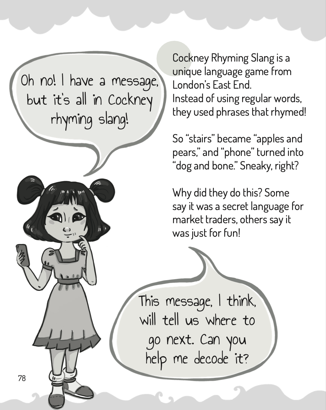 A girl holds a phone and reads a comic about Cockney rhyming slang.