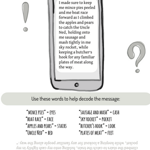 Activity book with a phone displaying a coded message and rhyming slang key.