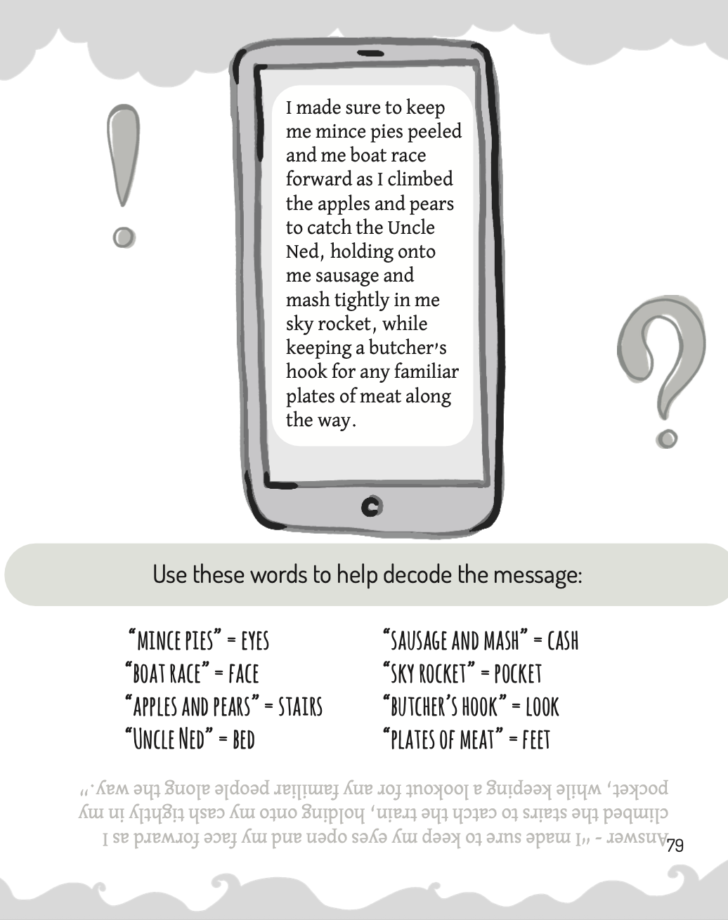 Activity book with a phone displaying a coded message and rhyming slang key.