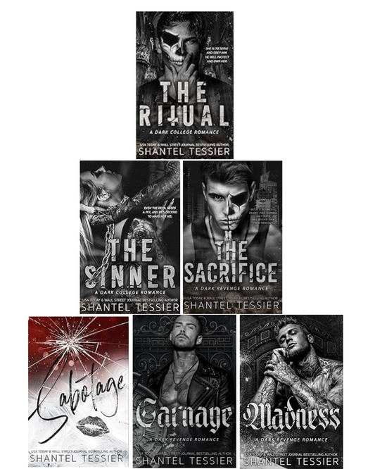 Six dark romance books by Shantel Tessier: The Ritual, The Sinner, The Sacrifice, Sabotage, Carnage, and Madness.