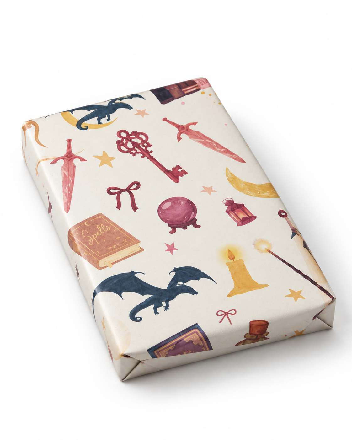 Fantasy mystery book wrapped in dragon and spell book paper