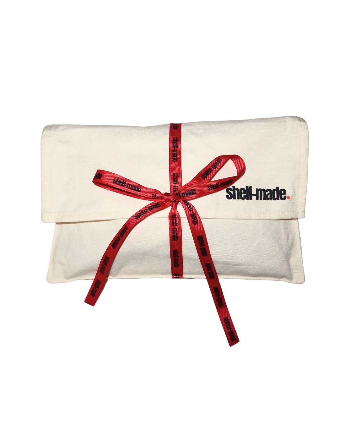 Shelf Made canvas pouch tied with branded red ribbon