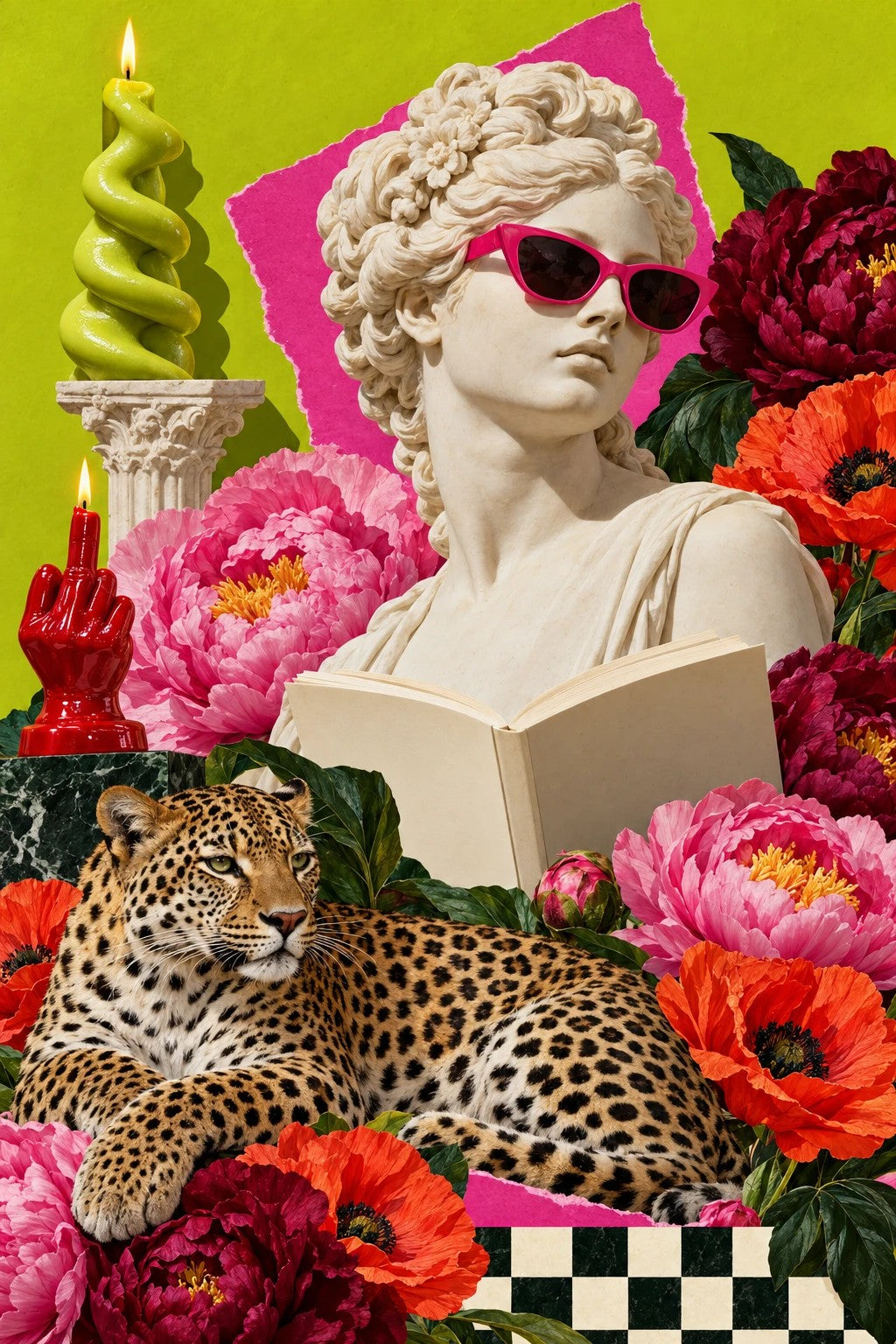 Collage of a classical bust in sunglasses reading a book, with peonies and a leopard