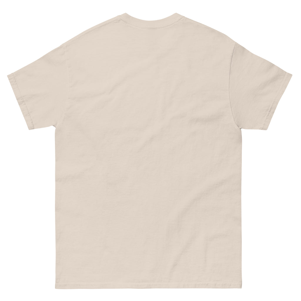 A plain, light beige t-shirt with short sleeves.