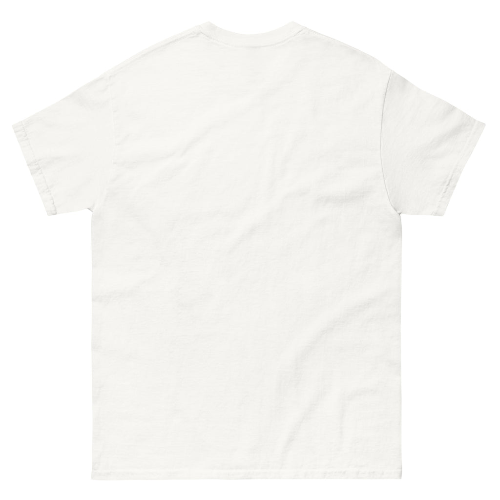 A plain white short-sleeved t-shirt.