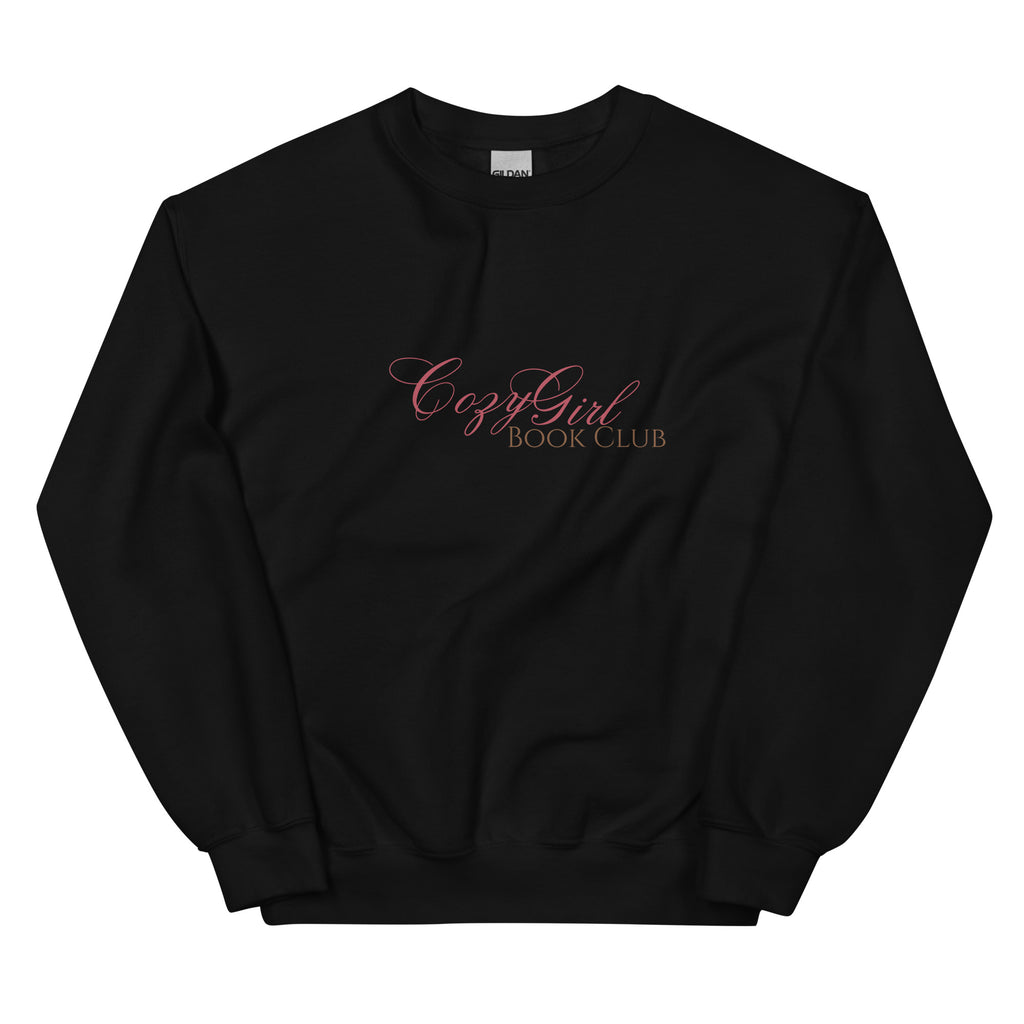 Black sweatshirt with "Cozy Girl Book Club" in pink script.
