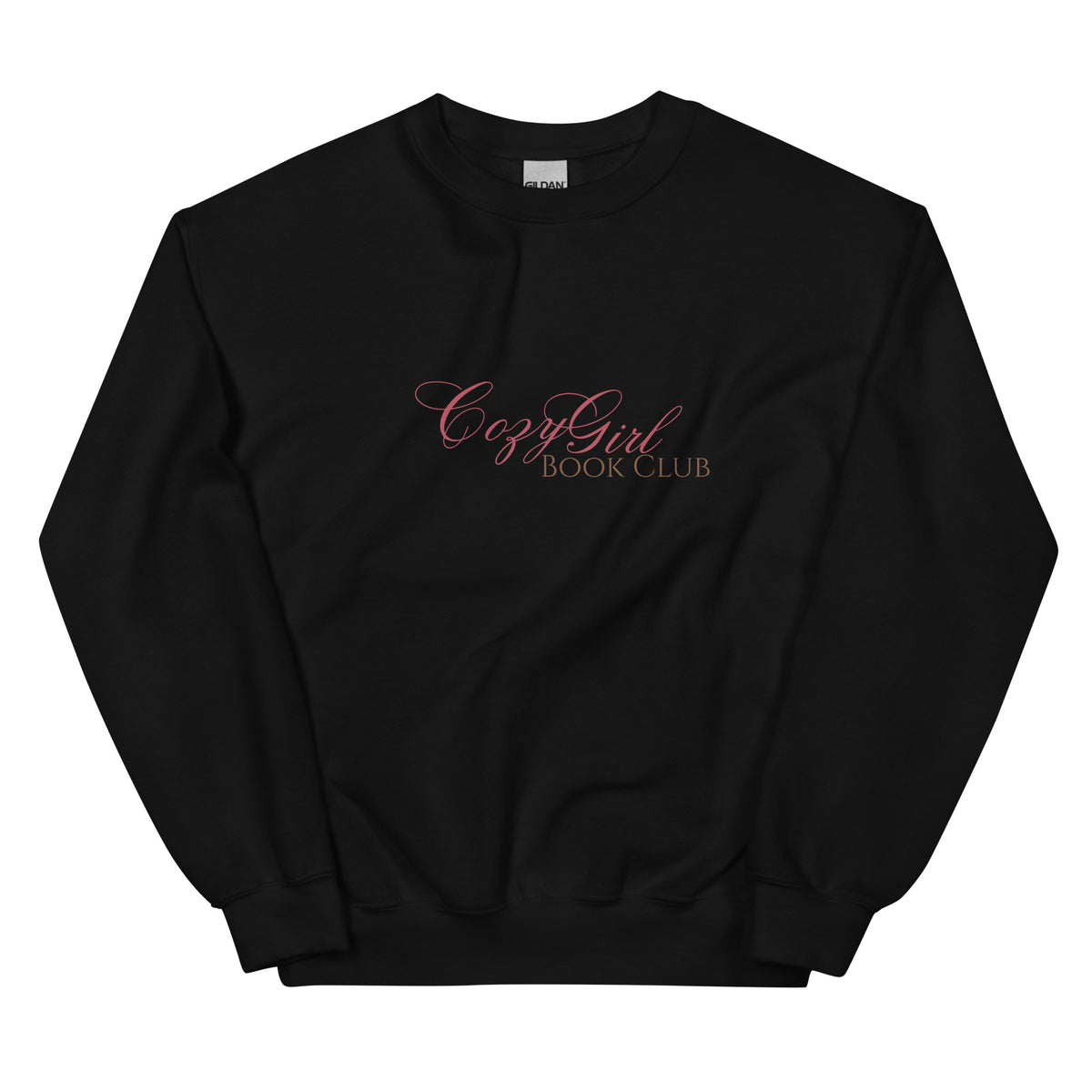 Black sweatshirt with "Cozy Girl Book Club" in pink script.