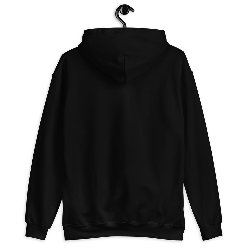 Black hoodie with a hood and long sleeves.