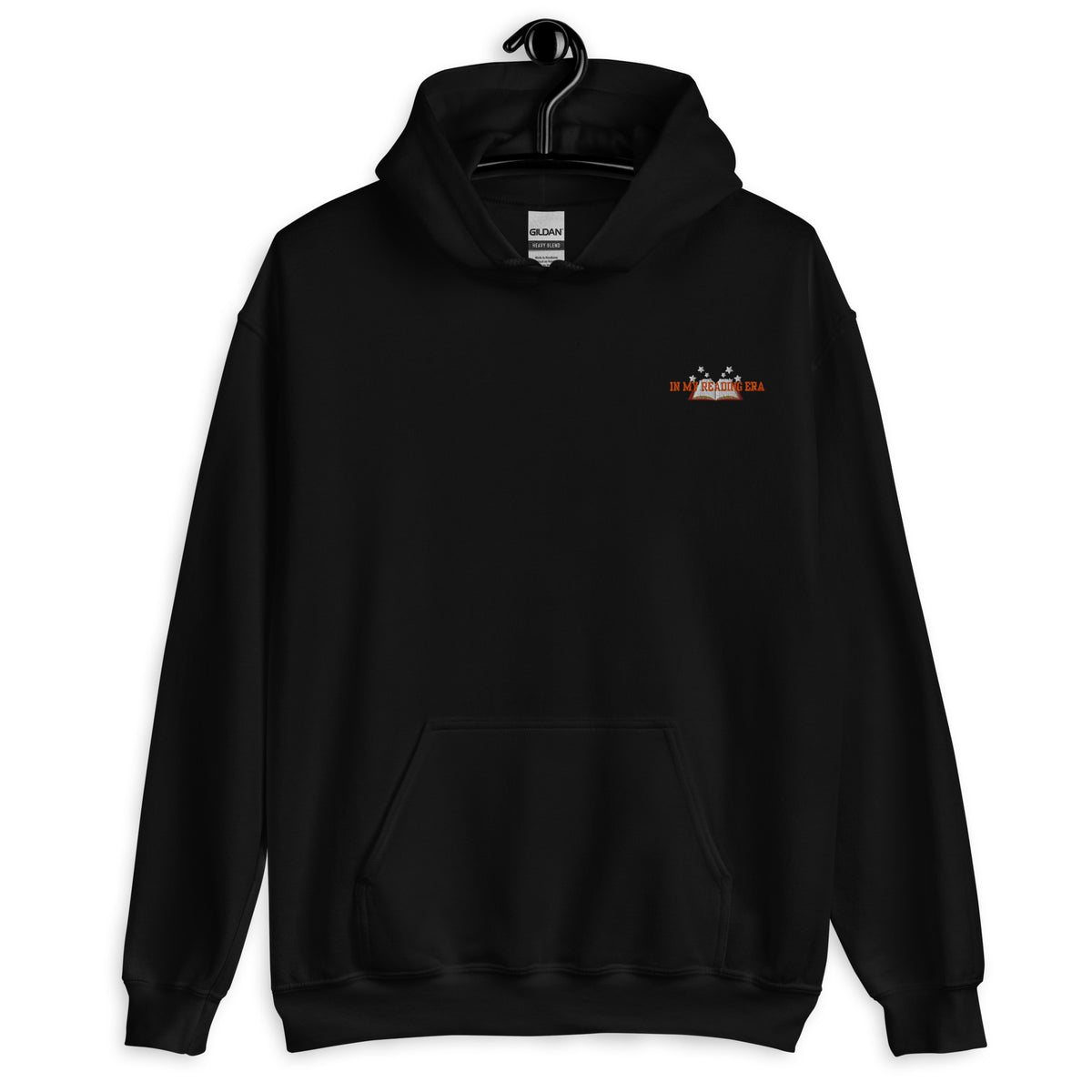Black Gildan hoodie with "In My Reading Era" text and an open book graphic.
