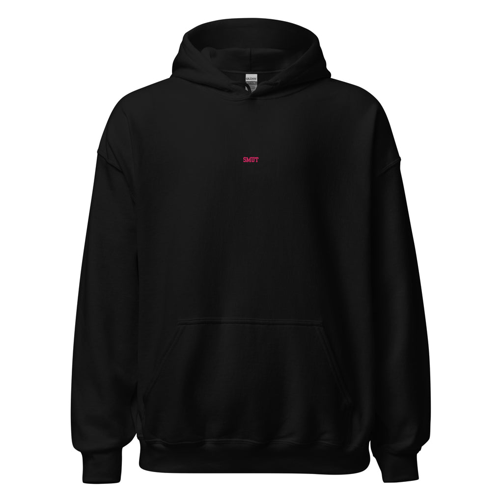 Black Gildan hoodie with "SMUT" embroidered in pink.