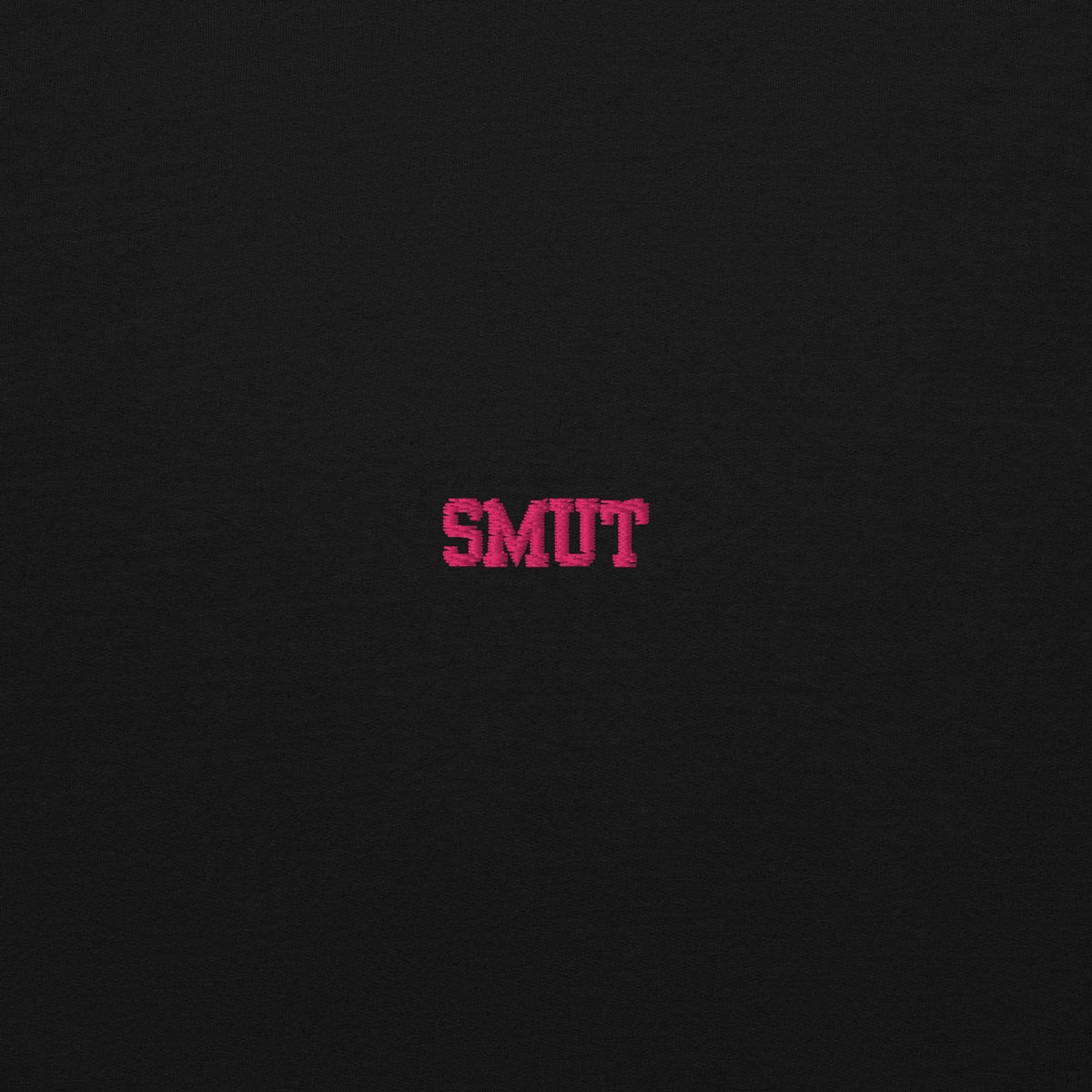 Black hoodie with pink embroidered text that says "SMUT".