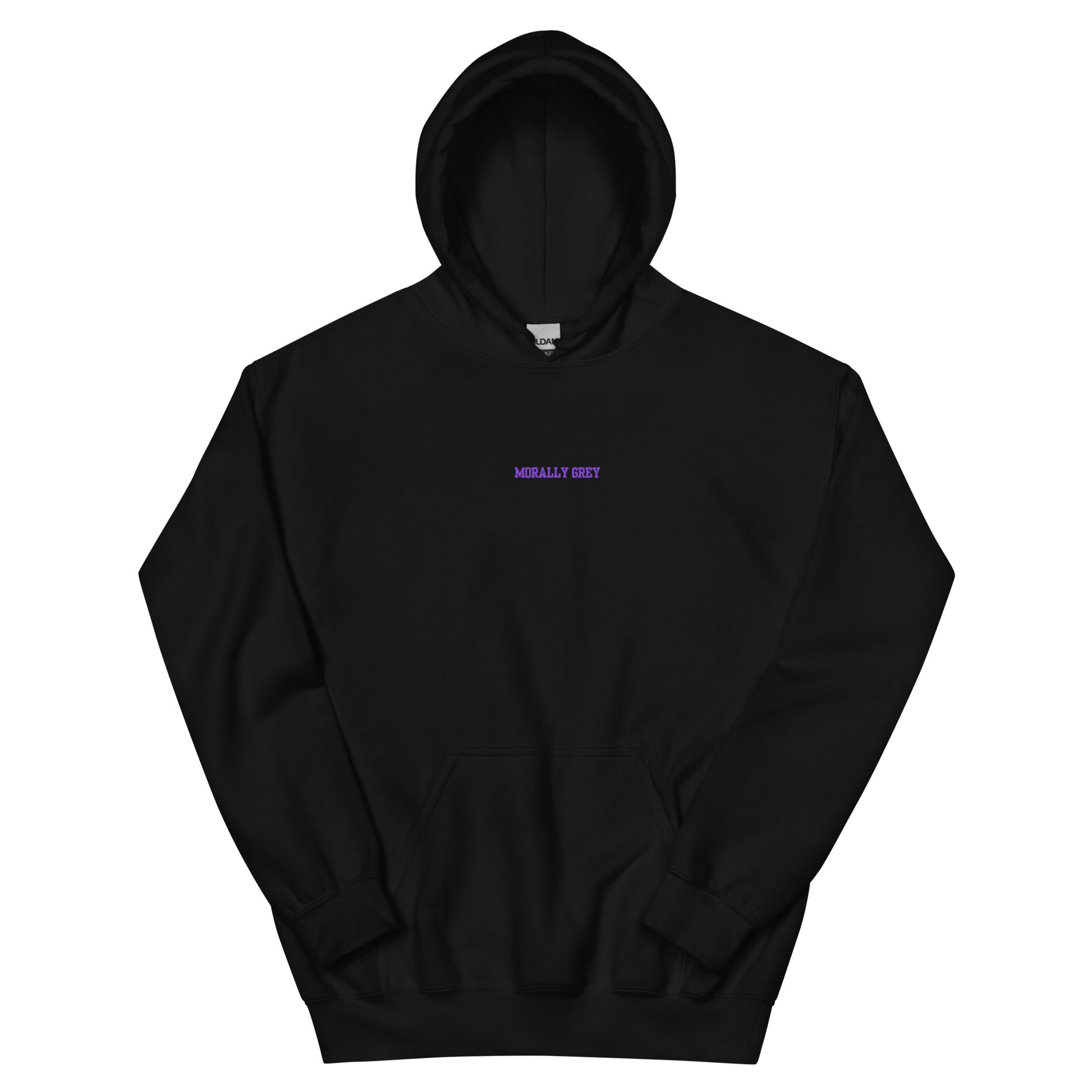 Black hoodie with "MORALLY GREY" embroidered in purple.