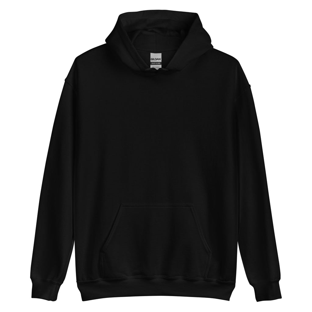Black Gildan Heavy Blend hoodie with a front pouch pocket.