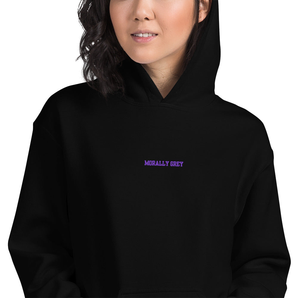 A black hoodie with "MORALLY GREY" embroidered in purple.