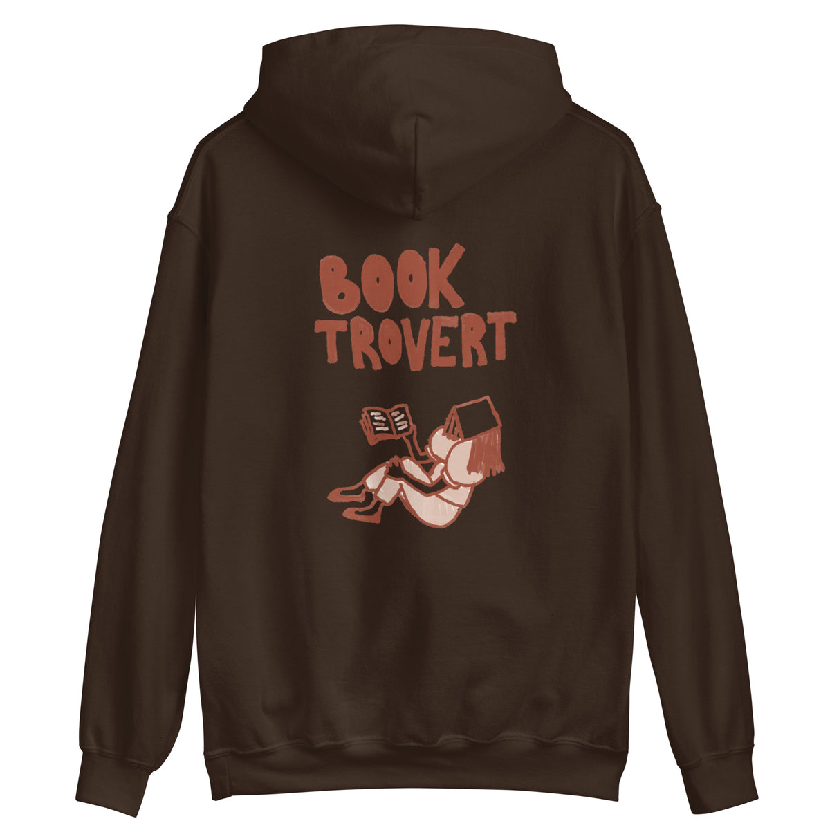 Brown hoodie with "Booktrovert" text and a graphic of a person reading.