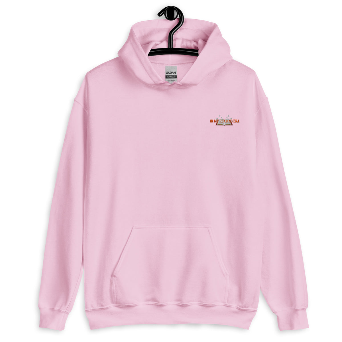 Pink Gildan hoodie with "In My Reading Era" graphic.