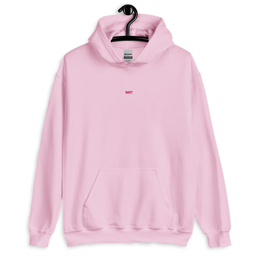 A pink Gildan hoodie with "SMUT" embroidered in pink.