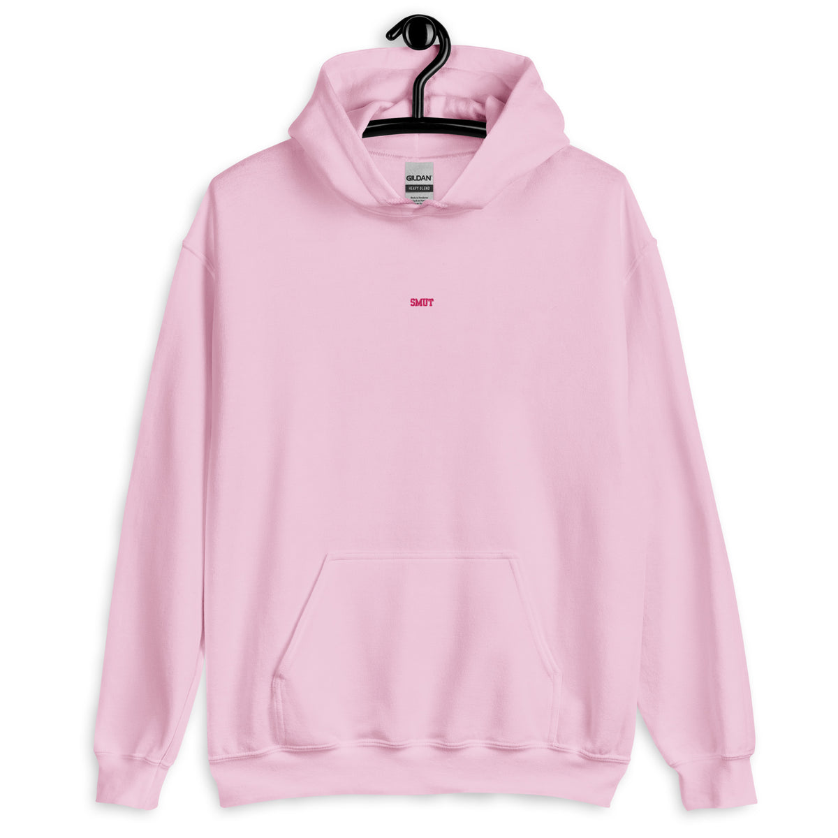 A pink Gildan hoodie with "SMUT" embroidered in pink.