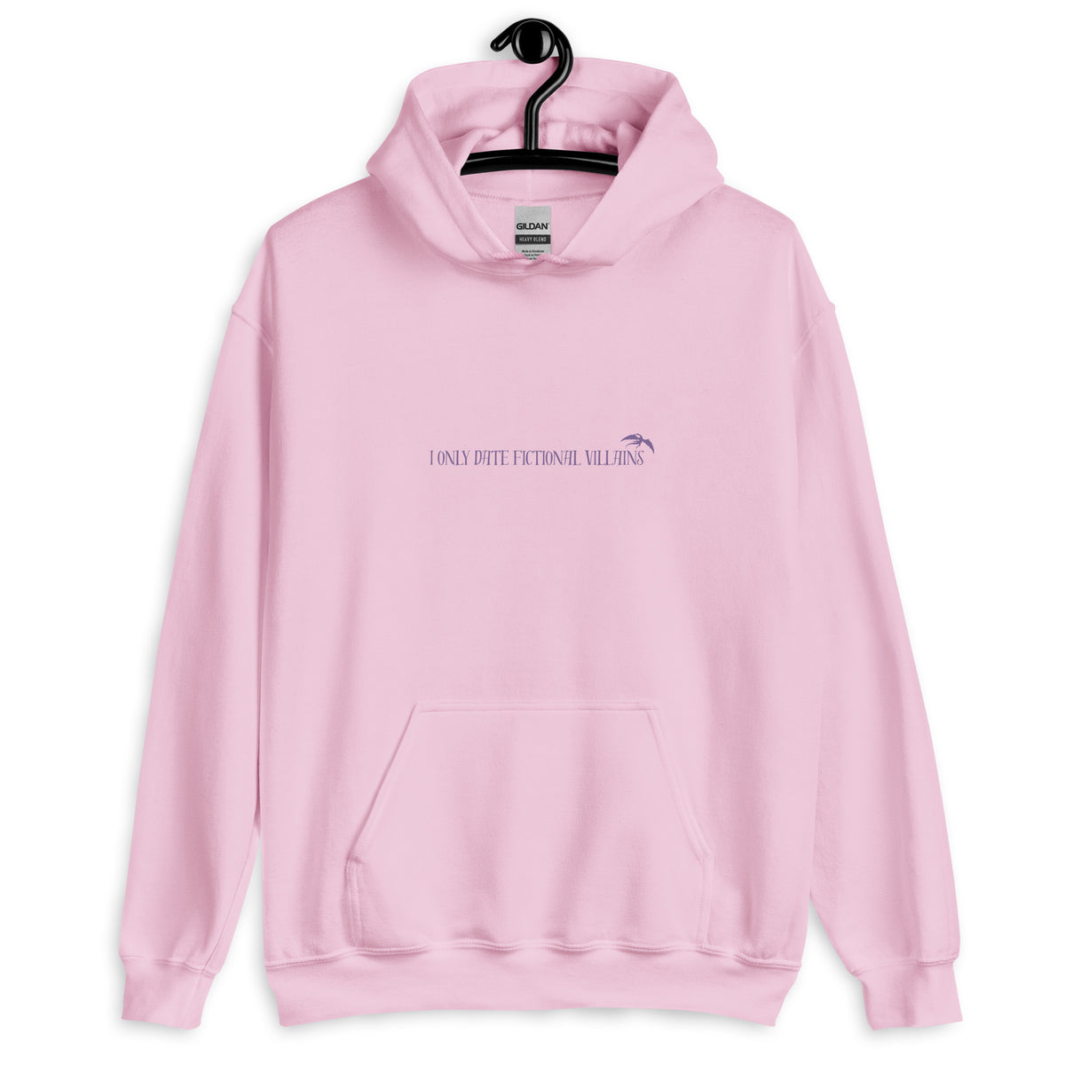 A pink Gildan hoodie with the text "I ONLY DATE FICTIONAL VILLAINS" and a bird graphic.