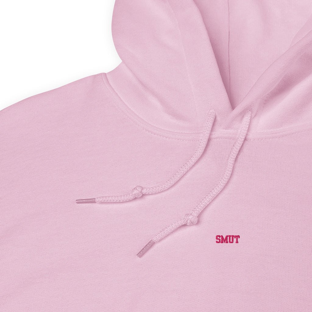 A pink hoodie with "SMUT" embroidered in pink.