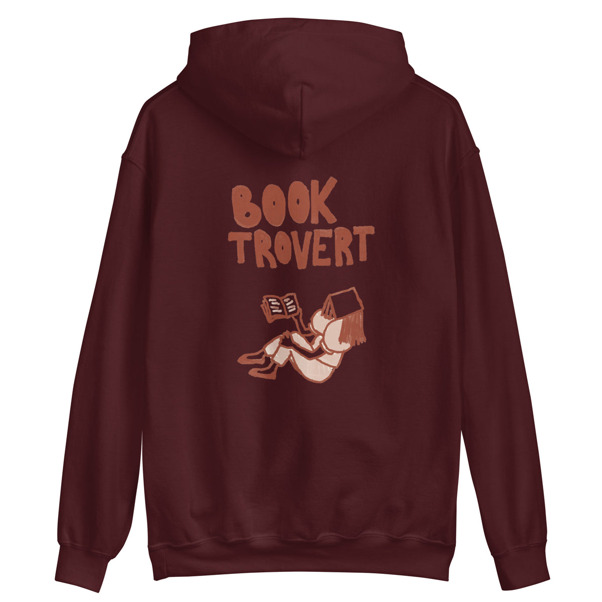 A maroon hoodie with a graphic of a person reading a book and the words "BOOK TROVERT".