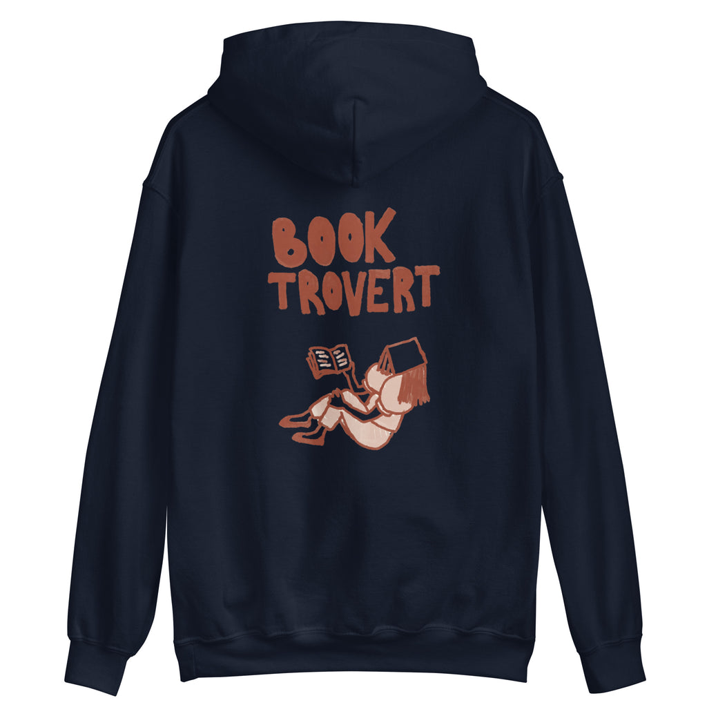 A navy blue hoodie with "Booktrovert" text and a graphic of a person reading.